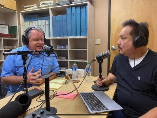 Boerne ISD AD Stan Leech (left) talks about Boerne sports history with Boerne Star Sports Editor Kerry Barboza.