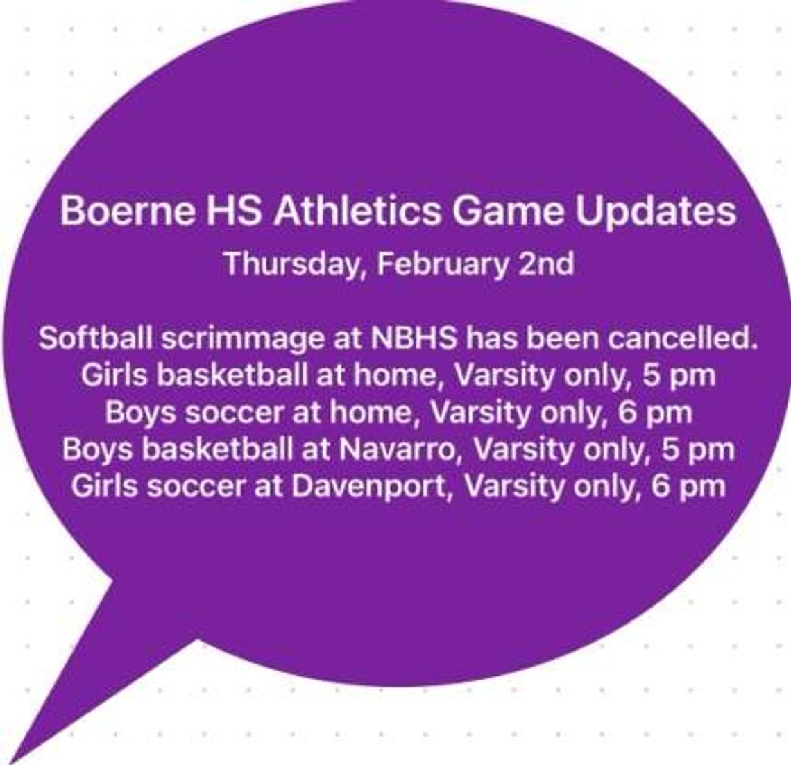 Updated BHS and Champion athletic schedule for Thursday