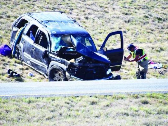 Law enforcement works the scene of Monday’s fatal crash on eastbound Interstate 10 on the north side of Boerne. Star photo by Keith E. Domke