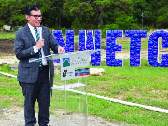 Alamo Colleges District Chancellor Mike Flores addresses the audience as he participates in Friday’s groundbreaking ceremony for the new Northwest Education and Training Center on Balcones Creek Road. Star photo by Keith E. Domke