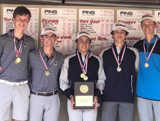 Maximus Cavazos points to his two-day score of (69,70) 139 at the 5A state tournament where he finished second to earn an individual silver medal. Cavazos poses with coaches Rick Alamillo and Jason Sweatman. </br> Submitted photos