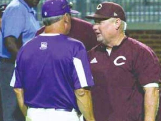 Boerne coach Bill Merrell congratulates Calallen coach Steven Chapman after Chapman became the winningest coach in Texas high school baseball history with Saturday’s Game 3 victory.