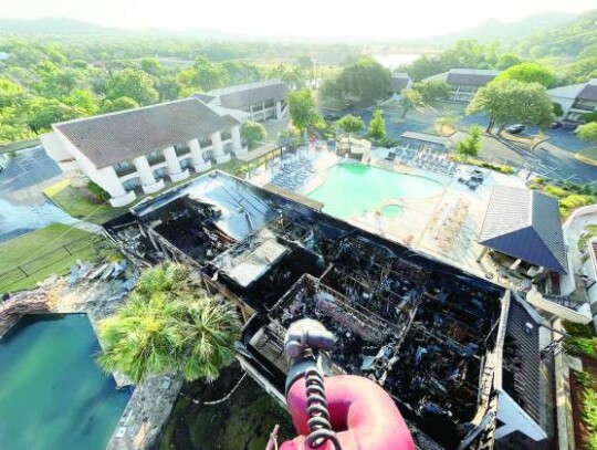 This aerial photo taken from the top of a Boerne Fire Department ladder truck looks down at the destroyed Tapatio Springs Resort spa and fitness center after Monday night’s fire. Submitted photo