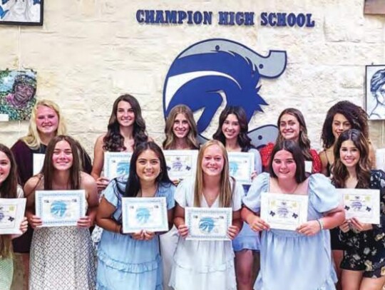 The entire varsity squad was named to the 26-5A Academic team. Team members are front row (l-r): Lily Ritchie Riley Murrish, Ava Trevino, Ashley Ottmers, Krista Tarver, Gabi Vela and Kassidy Kureska. Back row (l-r): Leara Price, Lizzy MacArthur, Madison Hall, Jaycee Bendele Carmen Vela, Ma...