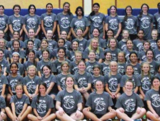  At the end of the week, attendees and coaches pose for a photo in their camp T-shirts. </br> Submitted photo