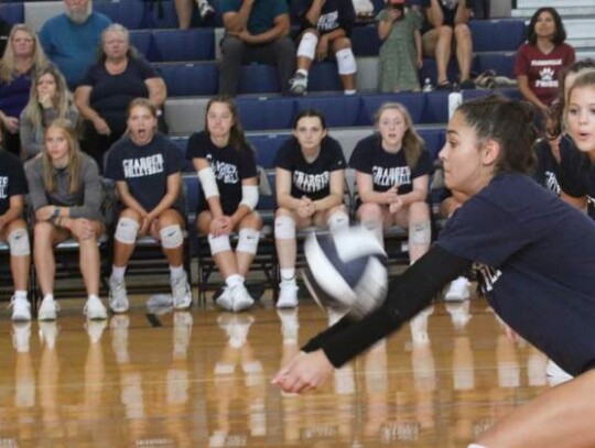 Champion’s Emma Wegleitner receives the ball vs. Cornerstone in Saturday’s scrimmage. The Lady Chargers team played its first match of the new school year Monday against Fredericksburg. 