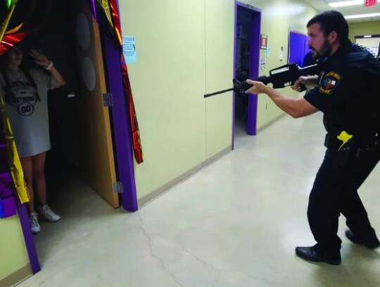 Active Shooter Training pic: Boerne ISD Safety and Security Coordinator Hector Hernandez (Left) with Cibolo Creek Elementary School Resource Officer during Active Shooter Training at Cibolo Creek Elementary School. 