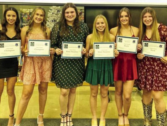 For the subvarsity volleyball team, Azteca Crawford and Cassidy Breuer received the Champion Award, Kenzie Edwards and Adalyn Schiffelbein earned the Most Positive Award and Mia Tyler and Kamryn Edwards picked up the Rock Award. </br> Submitted photos