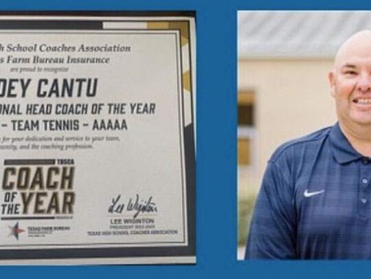 Boerne ISD coach Joey Cantu with the award he received this past fall from the Texas High School Coaches Association. 