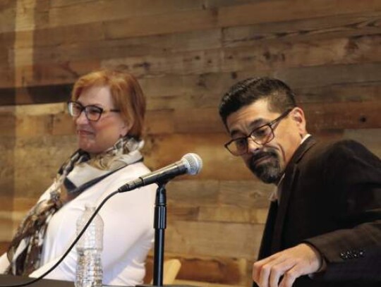 Above: Boerne Mayor Candidates Frank Ritchie (left) and Nina Woolard (right) at the candidate forum April 12 at Herff Farm. Left: Boerne City Council District 2 Candidates Sharon Wright (left) and Joe Bateman (right). Photos by Zachary-Taylor Wright.