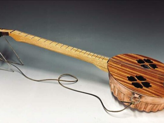 George Brin, “Fluted Cuisine”, vintage fluted copper bowl with olive wood neck and head stock, bloodwork accent veneer; Gallery 195 of Boerne.