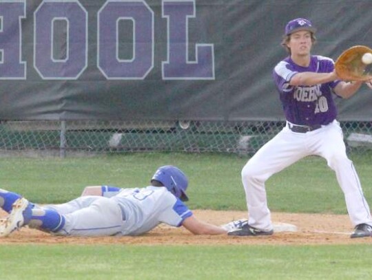 Greyhound first baseman Hutson Hendrix steps on first base to complete a double play for the Boerne baseball team in their series against Navarro. </br> Star photo by Kerry Barboza