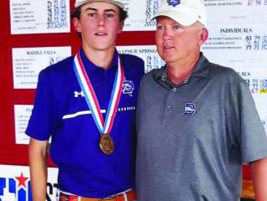 Boerne High’s Price Hill and BHS golf coach Lincoln Trulove at the 4A state golf tournament where Hill earned a bronze medal. </br> Submitted photo