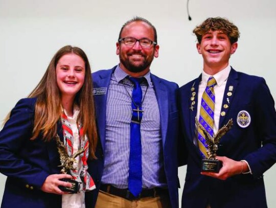 Eighth-grade students Megan Egli and Caleb Quitadamo were selected by the Logic School faculty and given the 2023 Eagle Award by Logic School Headmaster Aaron Southwick.