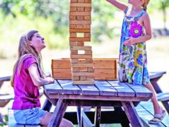 Sheema Harris of Ava-Nana-N-Papa’s Paws (above), a pet food manufacturer based in Fair Oaks Ranch, displays her wares during the Aug. 5 Farmer’s Market at Herff Farm. (At right) Lilly (seated) and Claire Wetmore of Boerne play lifesized Jenga on a pic