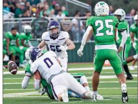 Boerne High’s Braden Bays sacks the Pleasanton quarterback and forces a fumble in last week’s road game. The Hounds are on the road again this Friday at Antonian. </br> Star photo by Cole Tamplet